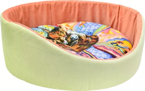 Лежанка для кошек круглая "Сны" рисунок Кошка мебельная ткань №1 D43*16 см салатовая 730514к