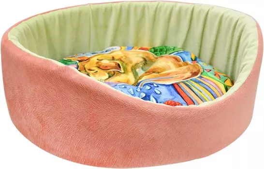 Лежанка для кошек круглая "Сны" рисунок Собака мебельная ткань №1 D43*16 см коралловая 730413с