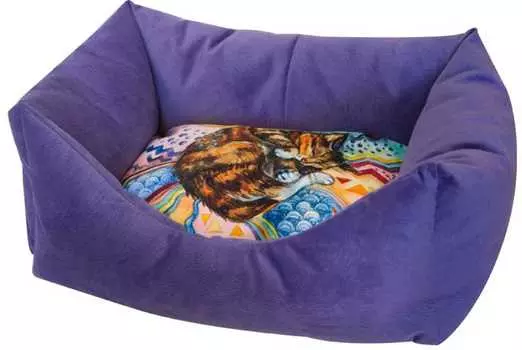 Лежанка для кошек пухлик "Сны" рисунок Кошка мебельная ткань №2 49*36*22 см сиреневая 730021к