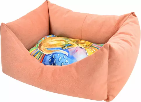 Лежанка для кошек пухлик "Сны" рисунок Собака мебельная ткань №3 55*40*23 см коралловая 730133с