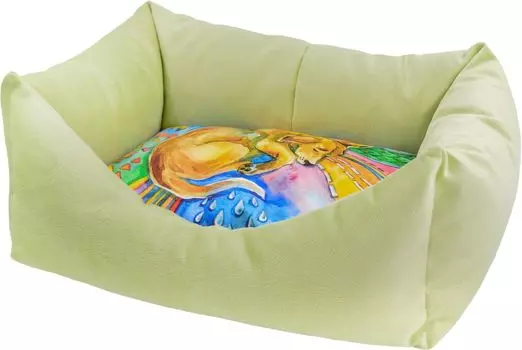 Лежанка для кошек пухлик "Сны" рисунок Собака мебельная ткань №3 55*40*23 см салатовая 730134с