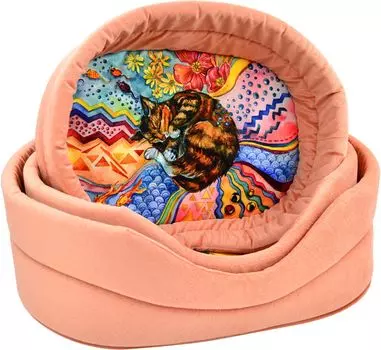 Лежанка для кошек "Сны" рисунок Кошка мебельная ткань №4 53*38*18 см коралловая 730343к