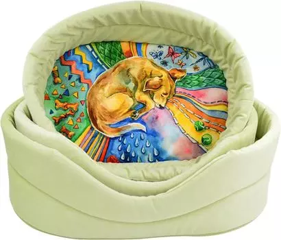 Лежанка для кошек "Сны" рисунок Собака мебельная ткань №3 49*33*17 см салатовая 730234с