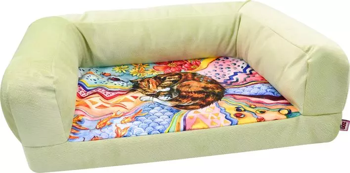 Лежанка для собак диван "Сны" рисунок Кошка мебельная ткань №1 54*38*13 см салатовая 730714к