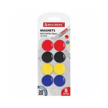 Магниты диаметром 30 мм, КОМПЛЕКТ 8 штук, цвет АССОРТИ, в блистере, BRAUBERG, 230758, (6 шт.)