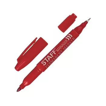 Маркер перманентный двусторонний STAFF "Manager", КРАСНЫЙ, наконечники 0,8 мм/2,2 мм, 151627 (24 шт.)