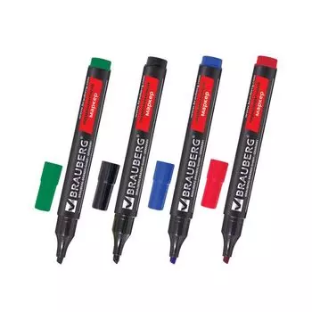 Маркеры перманентные (нестираемые) BRAUBERG, НАБОР 4 шт., АССОРТИ, Contract, без клипа, скошенные, 1-5 мм, 150473