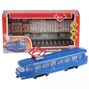 Машина на бат свет+звук Трамвай пластик 24см,открыв.двери 279802 CT12-428-2-BL
