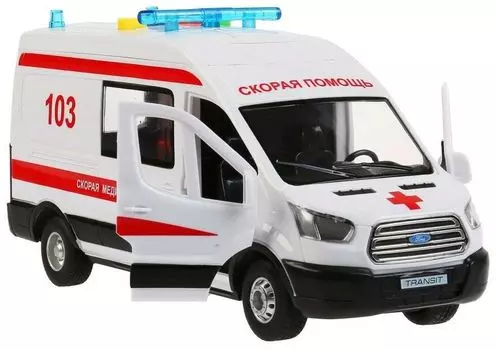 Машина свет+звук "ford transit скорая" 22,5см,пластик,инерц TRANSITVAN-22PLAMB-WH