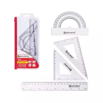Набор чертежный средний BRAUBERG (линейка 20 см, 2 угольника, транспортир), конверт на молнии, 210307