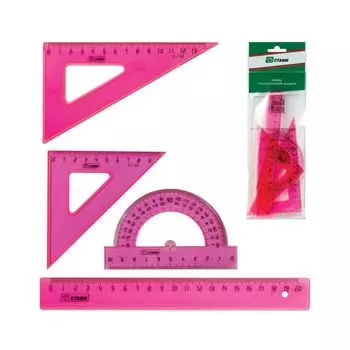 Набор чертежный средний СТАММ Neon Crystal (линейка 20 см, 2 угольника, транспортир), ассорти, неоновый, НГ14, (8 шт.)