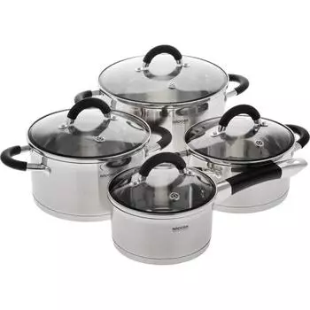 Набор посуды NADOBA OLINA 8 пр., кастрюля 24 см/6 л; кастрюля 20 см/3,2 л; кастрюля 18 см/2,1 л; ковш 16 см/1,5 л, нержавеющая сталь, со стеклянными крышками