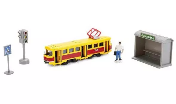 Набор Технопарк металл инерц Троллейбус 16,5см с остановкой и аксесс 245736 SB-17-14-B-WB