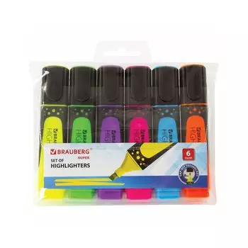 Набор текстовыделителей BRAUBERG 6 шт., АССОРТИ, "SUPER", прорезиненный корпус, линия 1-5 мм, 151747