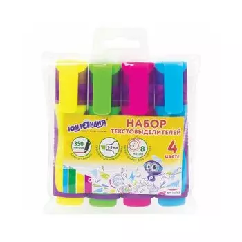 Набор текстовыделителей ЮНЛАНДИЯ 4 шт., АССОРТИ, "ELASTIC", прорезиненный корпус, линия 1-5 мм, 151763