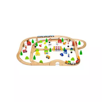 Набор "Железная дорога"90 деталей в коробке 2 поезда,машины,знаки,деревья,фигурки,полицейский участок VIGA 50998