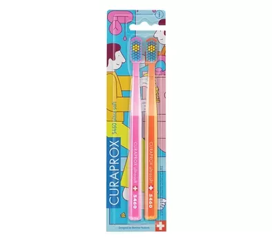 Набор зубных щеток CURAPROX "ultrasoft", d 0,10 мм (2 шт.) CS Duo Bathroom (розовая, оранжевая)