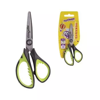 Ножницы ЮНЛАНДИЯ BASIC, 140 мм, ребристые резиновые вставки, черно-салатовые, европодвес (8 шт.)