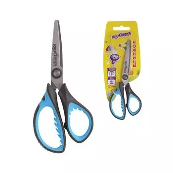 Ножницы ЮНЛАНДИЯ BASIC, 155 мм, ребристые резиновые вставки, черно-голубые, европодвес (8 шт.)