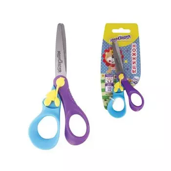 Ножницы ЮНЛАНДИЯ ЛЬВЁНОК, 135 мм, с усилителем, двухцветные ручки, европодвес, ассорти (8 шт.)