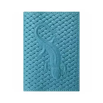 Обложка для паспорта натуральная кожа плетенка, с ящерицей, бирюзовая, STAFF