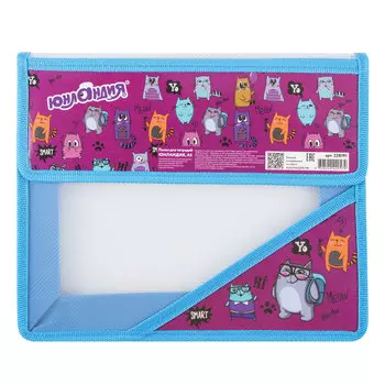 Папка для тетрадей ЮНЛАНДИЯ, А5, пластик, 2 отделения, пластик, клапан на липучке, Meow, 228191