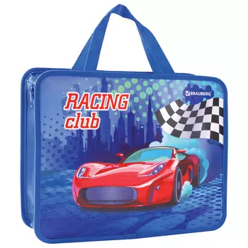 Папка на молнии с ручками BRAUBERG, А4, 1 отделение, пластиковая, молния сверху, 75 мм, Гоночный клуб, 228164