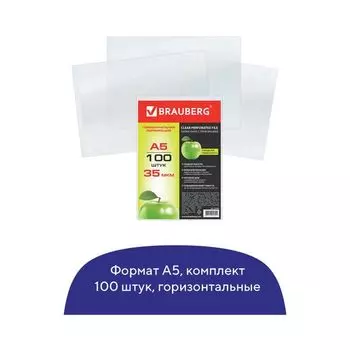 Папки-файлы МАЛОГО ФОРМАТА (148х210 мм), А5, ГОРИЗОНТАЛЬНЫЕ, КОМПЛЕКТ 100 шт., 35 мкм, BRAUBERG, 223085