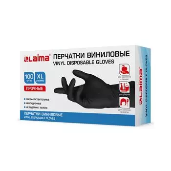 Перчатки одноразовые виниловые черные, 50 пар (100 шт.), неопудренные, прочные, размер XL (очень большой), LAIMA, 607897