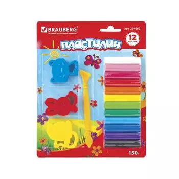 Пластилин классический BRAUBERG 12 цветов, 150 г, стек, 3 штампа, ВЫСШЕЕ КАЧЕСТВО, блистер, 224462, (8 шт.)
