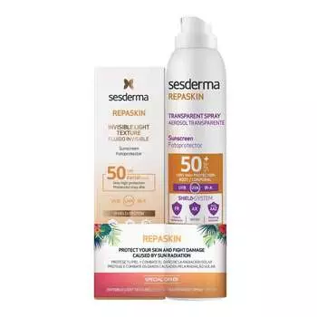 Промонабор Sesderma:Repaskin Invisible Light Texture Facial sunscreen Средство солнцезащитное сверхлегкое для лица SPF50, 50 мл + Спрей