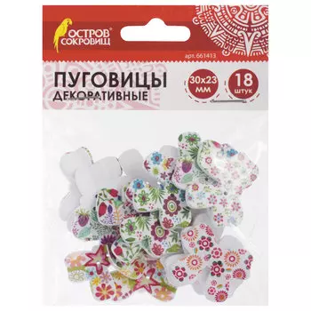 Пуговицы декоративные Бантики, дерево, 30х23 мм, 18 шт., ассорти, ОСТРОВ СОКРОВИЩ, 661413, (5 шт.)