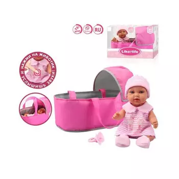 Пупс на бат(звук)с корзиной-переноской и соской в коробке 3105