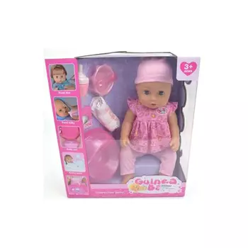 Пупс в розовой шапочке с аксессуарами в коробке бутылка,ложка,тарелка,подгузник,салфетки,горшок;пьет,писает М187В