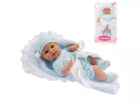 Пупс (высота30см) в серой шапочке с аксессуарами на бат(звук пеленка,бутылочка;высота 30см SR071