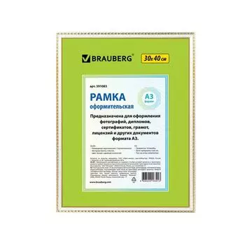 Рамка 30х40 см, пластик, багет 16 мм, BRAUBERG HIT5, белая с двойной позолотой, стекло, 391083