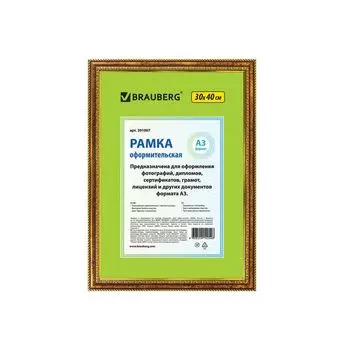 Рамка 30х40 см, пластик, багет 30 мм, BRAUBERG HIT4, бронза с двойной позолотой, стекло, 391007