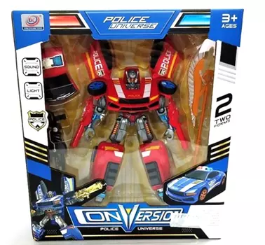 Робот-машина POLICE UNIVERSE (свет,звук) в коробке с автоматом и копьем;звук стрельбы,подсветка маячков 388-5