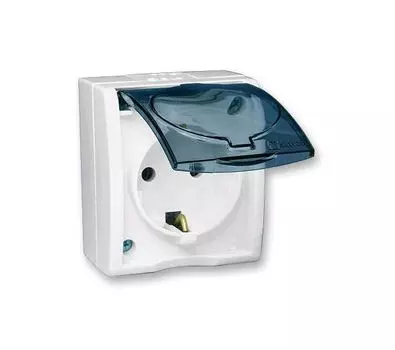 Розетка 1-м ОП Simon15 с защ. крышкой защ. шторки с заземл. IP54 бел. Simon 1594432-030