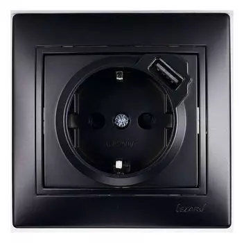 Розетка 1-м СП Мира 16А с з/к + USB разъем черн. бархат LEZARD 701-4242-181