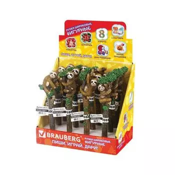 Ручка фигурная ЛЕНИВЦЫ, СИНЯЯ, 4 дизайна ассорти, 0,5мм, дисплей, BRAUBERG (12 шт.)