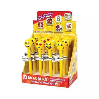 Ручка фигурная СМАЙЛИКИ МИКС, СИНЯЯ, 4 дизайна ассорти, 0,5мм, дисплей, BRAUBERG (12 шт.)