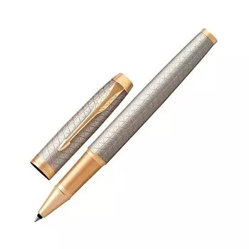 Ручка-роллер PARKER IM Premium Warm Silver GT, корпус серебристый матовый с гравировкой, позолоченные детали, черная, 1931686