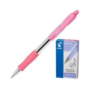 Ручка шариковая масляная автоматическая с грипом PILOT Super Grip, СИНЯЯ, розовые детали, линия письма 0,32 мм, BPGP-10R-F, (12 шт.)