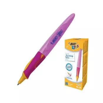 Ручка шариковая с грипом BIC Kids Twist, СИНЯЯ, для детей, корпус розовый, узел 1 мм, линия письма 0,32 мм, 918458