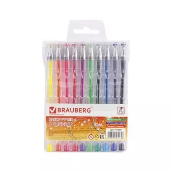 Ручки гелевые BRAUBERG, НАБОР 10 шт., АССОРТИ, Jet, узел 0,7 мм, линия письма 0,5 мм, 141038