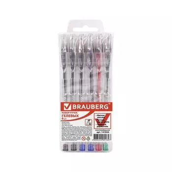 Ручки гелевые BRAUBERG, НАБОР 6 шт., АССОРТИ, Jet, узел 0,5 мм, линия письма 0,35 мм, GP163