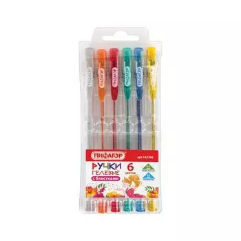 Ручки гелевые ПИФАГОР, НАБОР 6 шт., АССОРТИ с БЛЕСТКАМИ, узел 0,7 мм, линия письма 0,5 мм, GP116, (8 шт.)