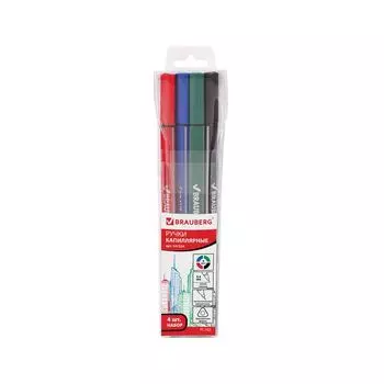 Ручки капиллярные BRAUBERG, НАБОР 4 шт., АССОРТИ, Aero, трехгранные, металлический наконечник, линия письма 0,4 мм, FL102, (3 шт.)