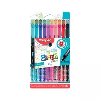 Ручки капиллярные MAPED В НАБОРЕ из 20 штук, Graph Pep's, АССОРТИ, трехгранные, 0,4мм